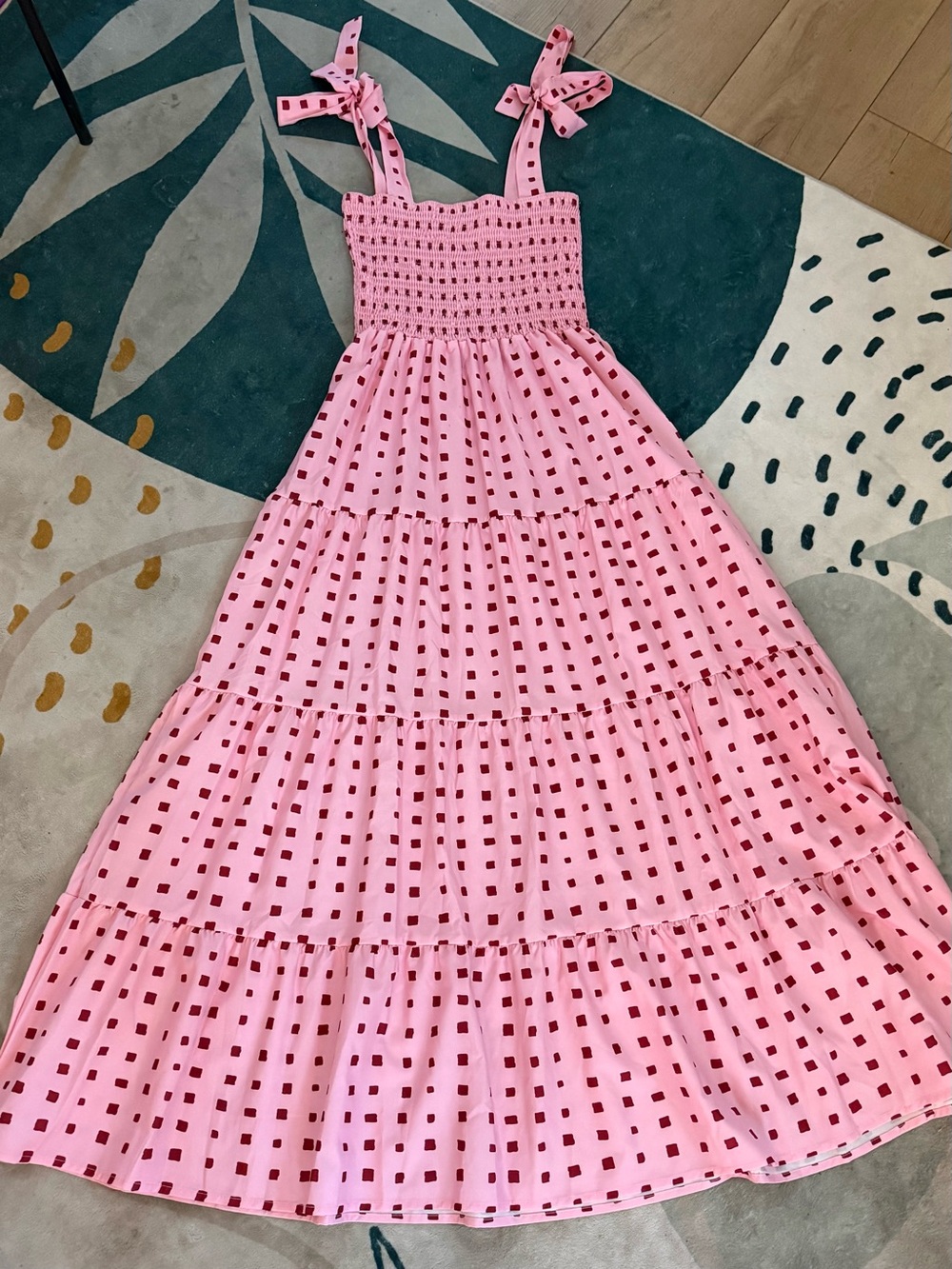Pink Tiered Eyelet Maxi Sundress with Tie Straps